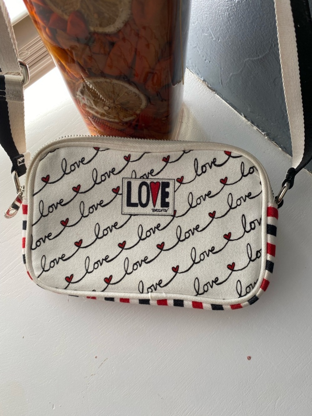 Betsey Johnson White 'LOVE' Canvas Crossbody with Red and Black Accents